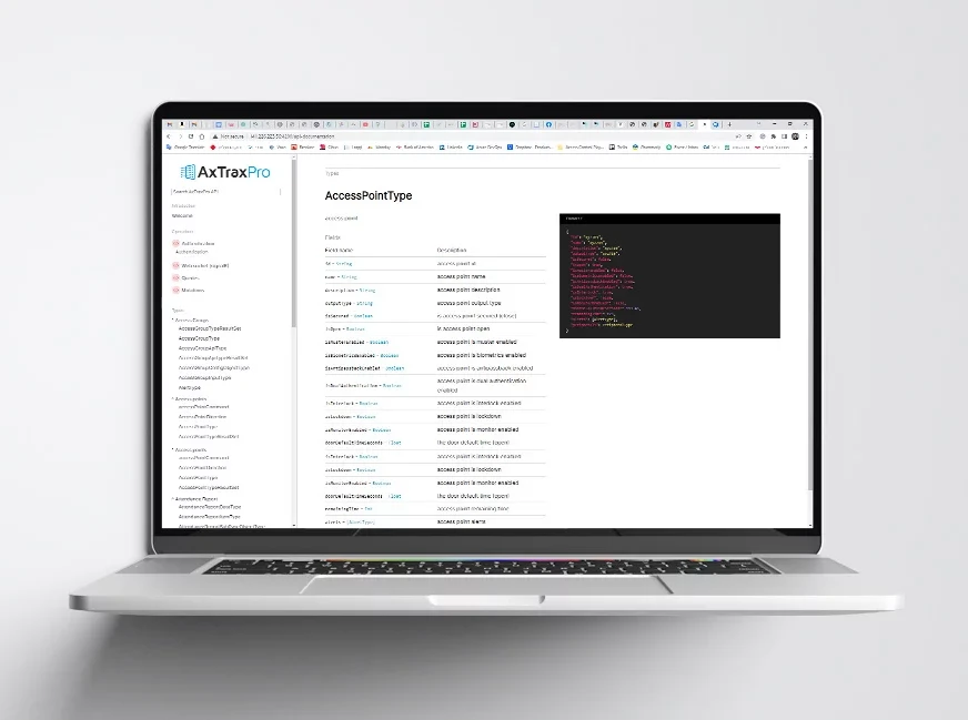AxTraxPro REST API documentation displayed on a laptop