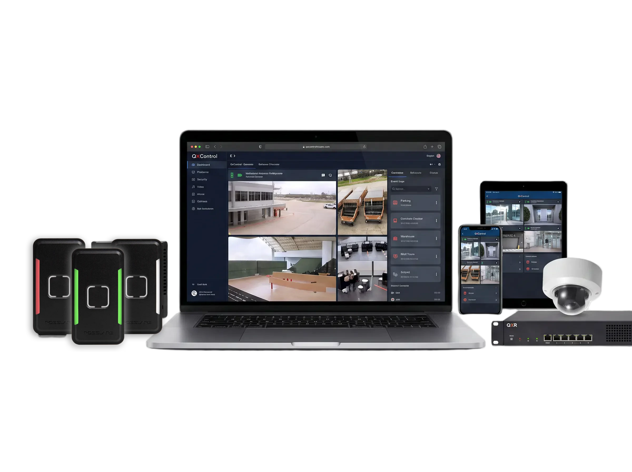 QxControl interface across desktop, tablet, mobile, cameras, AY-K35 readers, and gateway hardware